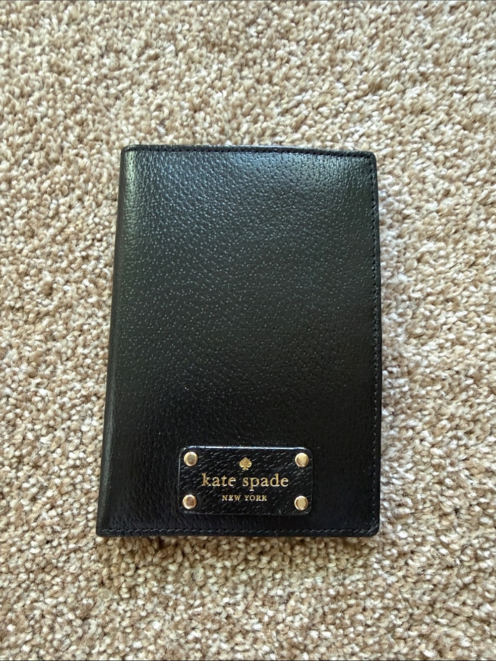 kate spade Black Pebbled Leather Passport & Card Holder with Gold Plaque